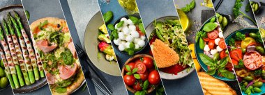 Çeşitli yiyeceklerin kolajı. Et yemekleri ve sebze yemekleri. Menü.