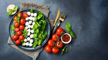 Geleneksel İtalyan Caprese salatası domatesli, mozzarella peynirli ve fesleğenli. Üst görünüm.
