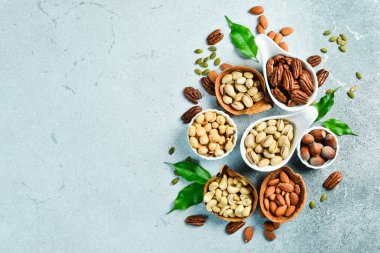 Fındık çeşitleri kaselerde. Ceviz, fındık, fındık, fıstık, fıstık, çam fıstığı, fıstık. Gıda karışımı arkaplan, üst görünüm, kopyalama alanı.