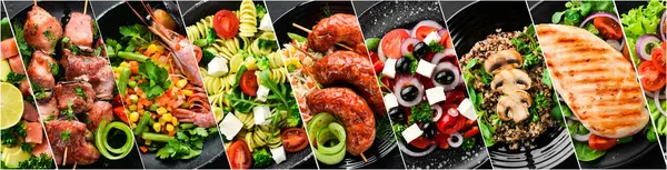 Fotoğraf kolajı. Bir dizi ana yemek. Farklı sağlıklı ana yemekler, et ve balık yemekleri, makarna, salata, sos, ekmek ve sebze. Bir yemek sitesi için fotoğraf afişi.