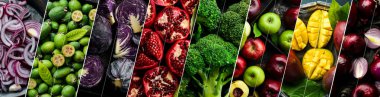 Farklı organik gıda kolajı, taze sebzeler ve meyveler. Renkli organik ürünler.