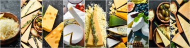 Kolaj. Kara tahtada farklı peynir çeşitleri. Peynir çeşitleri: Parmesan, Brie peyniri, Camembert peyniri, mavi peynir.