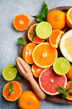 Renkli narenciye, mandalina, greyfurt, limon ve portakal gibi çeşitli meyveler. Üst Manzara. Citrus meyveleri.