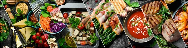 Kolaj. Yiyecek, bulaşık ve içecek seti. Tabaklarda çeşitli hazır yemekler..