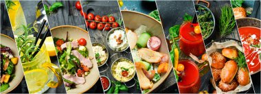 Yiyecek ve içecekler siyah taş bir masada. Fotoğraf kolajı, fotoğraf afişi.