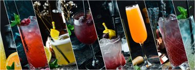 Fotoğraf kolajı. Renkli alkollü kokteyller, fotoğraf afişi..
