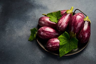 Organik patlıcanlı metal tepsi. Yan görüş. Gri beton arka planda.