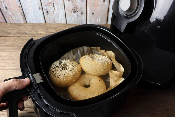 Homemade Organic Butter Bagel Breads Baked Using Black Air Fryer — Stock Photo, Image