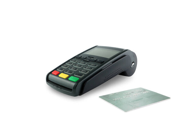 credit card reader pos machine and a credit card isolated on white background in the retail shopping mall