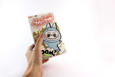 left hand holding an art toys Labubu key chain box package paccollection from Pop Mart blind box collectable cute toys, white background at Pop mart store during new release  event labubu macaron doll clipart