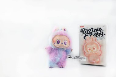 Sanat oyuncakları Labubu anahtarlık koleksiyonu Pop Mart 'ın kör kutusundan toplanabilir sevimli oyuncaklar yeni tanıtım etkinliği labubu macaron bebek sırasında Pop Mart bayrak mağazasının beyaz raf arka planında sergilenir