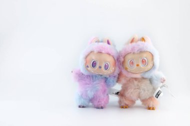 Sanat oyuncakları Labubu anahtarlık koleksiyonu Pop Mart 'ın kör kutusundan toplanabilir sevimli oyuncaklar Pop Mart bayrak mağazasının beyaz raf arka planında enerji labubu macaron bebeğine dönüşürken sergilenir.