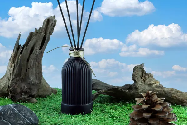 siyah lüks aroma kokusu sazlık cam şişe taze yeşil çimen üzerinde eski ahşap ve mavi gökyüzü beyaz bulut arkaplan Bu rahatlık yayıcı aromalı ortam kokusu yaratabilir