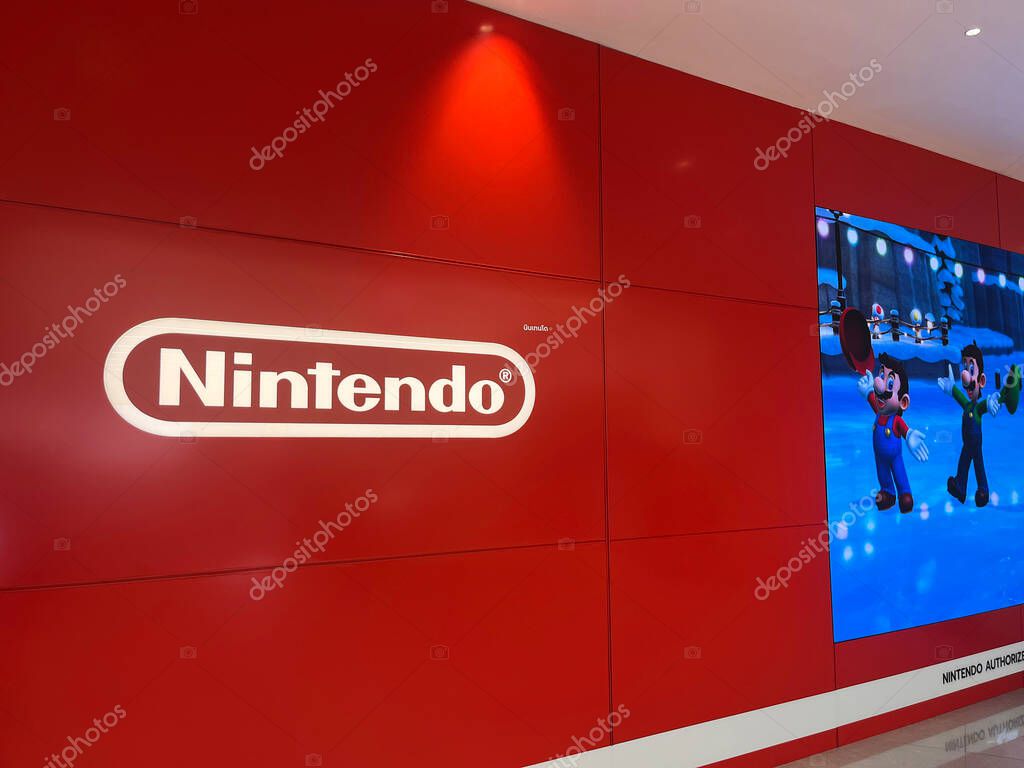 Nintendo logo sign of Nintendo Authorized store by Synnex in Siam Paragon shopping mall , first famous Nintendo store in Thailand full of games, character dolls, game accessories , Nintendo Switch 2
