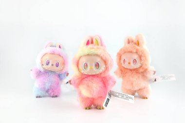 Sanat oyuncakları Labubu anahtarlık koleksiyonu Pop Mart 'ın kör kutusundan toplanabilir sevimli oyuncaklar Pop Mart bayrak mağazasının beyaz raf arka planında enerji labubu macaron bebeğine dönüşürken sergilenir.