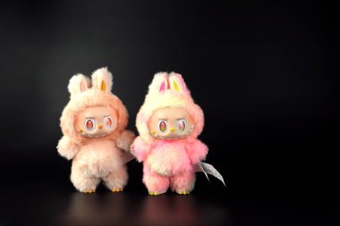 Sanat oyuncakları Labubu anahtarlık koleksiyonu Pop Mart 'ın kör kutusundan toplanabilir sevimli oyuncaklar Pop Mart bayrak mağazasının beyaz raf arka planında enerji labubu macaron bebeğine dönüşürken sergilenir.