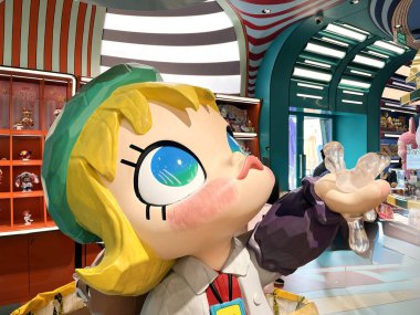 Sanat oyuncakları model Molly koleksiyonu. Pop Mart 'tan gizemli kör kutu koleksiyonu. Hong Kong' lu sanatçının yeni şube açılışı sırasında güzel tasarım süsleme mağazasında sergilenen sevimli oyuncak tasarımı. 