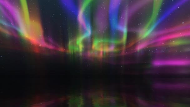 空中彩虹灯4K环上的彩虹灯的特点是奥罗拉 波瑞斯风格的彩虹彩灯在天空中旋转 在下面的水中反射出一个循环 — 图库视频影像