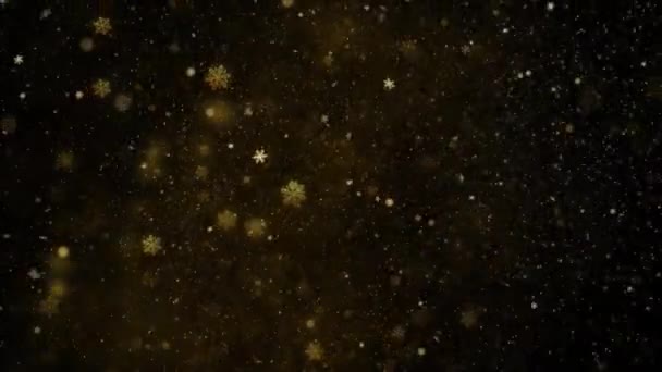 Golden Snowfall Black Background Loop Включает Себя Золотистый Глайтер Снежинки — стоковое видео