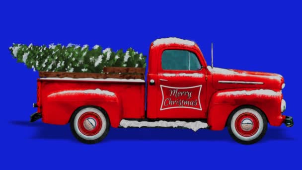 Vintage Red Truck Hauling Christmas Tree Blue Screen Loop Har — Stockvideo