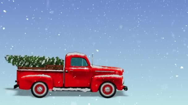老旧的红色卡车覆盖着白雪覆盖着的红色卡车 后排挂着圣诞树 环绕着雪花飞舞 这是一种老式的红色卡车 — 图库视频影像