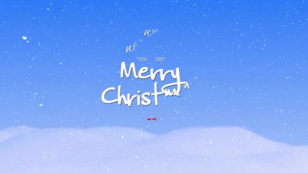 私たちはあなたにメリークリスマステキストツリーを願っています Loop雪が降っている青の背景と ループ内のメリークリスマスの動物を願っていると言ってクリスマスツリーの形でテキストを提供しています — ストック動画