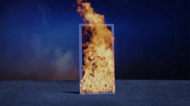 Door on Fire on Concrete Plain 4K Loop features a door with a white frame engulfed in flames with a dark sky behind 