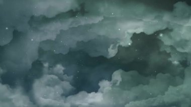 Flying into Ominous Clouds and Snow 4K Loop features a camera view flying through dark ominous greenish clouds with particles and smoke in a loop.