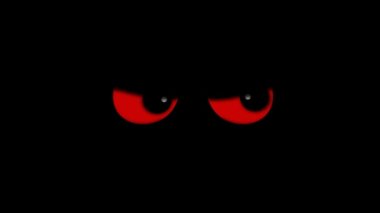 Kara Arkaplanda Kırmızı Kırmızılı Gözler 4K döngüsünde bir çift kızgın ve kızgın göz var. Etrafa bakıyor ve karanlıkta yanıp sönüyor..