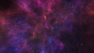 Purple Cosmos with Glitter Flecks Background 4K Loop features space clouds in purple, blue, and red hues with reddish orange flecks of metal floating in a loop.