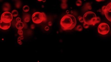 Red Bubbles on Black Background 4K Loop features red bubbles popping onto screen in a black atmosphere and floating upward in a loop.
