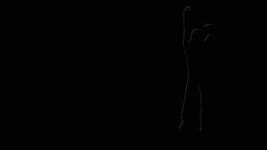 Female Silhouette Figure Dancing White Outline 4K features a silhouette of a female dancer with just a white back lighting line on the edge of the body on a black background.