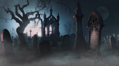 Dark Fantasy Cemetery at Dusk with Fog 4K features a stylized eerie cemetery with fog rolling and a rising sun getting brighter.