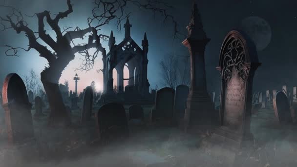 Dark Fantasy Cemetery Dusk Fog Features Stylized Eerie Cemetery Fog — стоковое видео