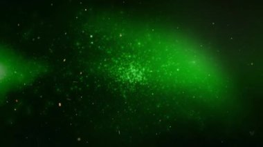 Green Particle Atmosphere with Orange Confetti 4K Loop features snow and glitter particles flying toward the viewer in a deep green atmosphere in a loop.