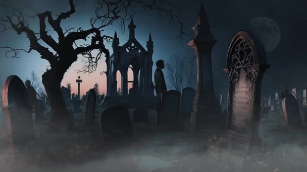 Темне Фентезійне Кладовище Даську Zombies Має Стилізоване Моторошне Кладовище Туманом — стокове відео