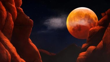 Kanlı Ay Uçurumlar Arasında 4K Döngü, kırmızı kayalıkların / kayalıkların arasından geçen sarı, turuncu ve kırmızı kanlı bir ay, sis bulutu ve bir döngü içinde hareket eden bir bulutu gösteriyor..