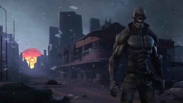 Зомбі Апокаліптичному Центрі Міста Зображує Апокаліптичне Місто Ядерною Бомбою Вибухає — стокове відео