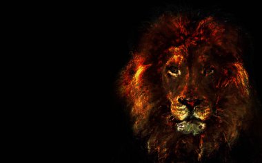 Painted Lion Head Side on Black Background features an intensely colored digitally painted lion head on a field of black positioned to the right of the frame in a landscape ratio. clipart