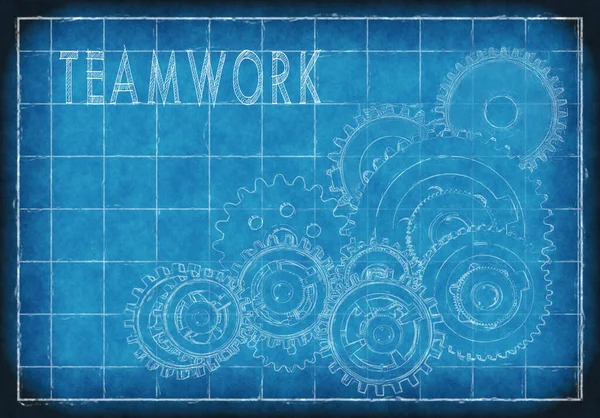Teamwork Gears Blueprint Page Background Presenta Engranajes Contorno Blanco Sobre — Foto de Stock
