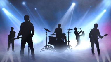 Sahnedeki Beat Siluetleri 'ne göre rock yapan müzisyenlerin siluetleri sahnede yuvarlanan sis ve yanıp sönen ışıklarla.