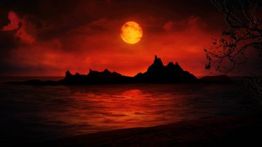 Beach Island Silhouette in Red features a silhouette of a beach and island out in a dark ocean and a hovering full moon and moving clouds in a red warm atmosphere. clipart