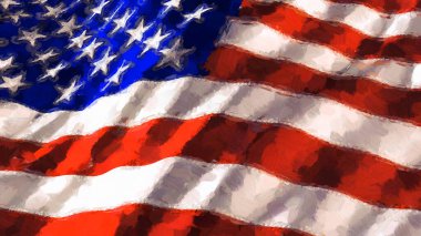 Amerikan Bayrak İzlenimci Resimde empresyonist yağlı boya tarzında dalgalanan bir Amerikan bayrağı yer alıyor..