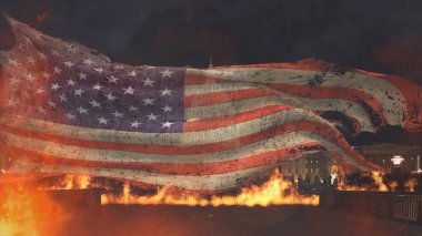 Darmadağın olmuş Amerikan Bayrağı Capitol Binası 'nın arka planında alevler içinde dalgalanan hırpalanmış ve yırtık pırtık bir Amerikan bayrağı var..