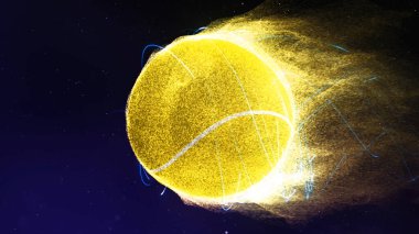 Alevler içinde uçan tenis topu, içinden sarı parçacık alevleri çıkan atmosfer gibi bir boşlukta uçan bir tenis topuna sahiptir..