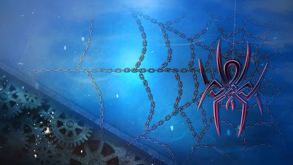 Chained Spider Wire Zeigt Eine Rote Designerspinne Die Einem Stück — Stockfoto