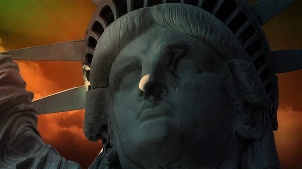 stock image Statue of Liberty Close with Tear features a close-up of the face of the Statue of Liberty with a tear sliding down the face and dark clouds in the background.