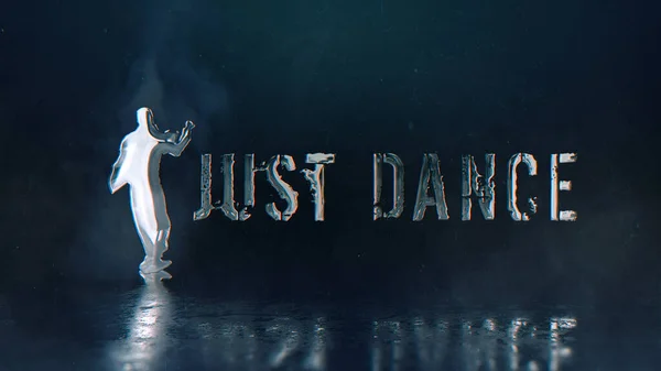 Just Dance Glossy Text with Dancer Background features the text just dance with a dancing silhouette with a metallic look in a smoke-filled atmosphere.