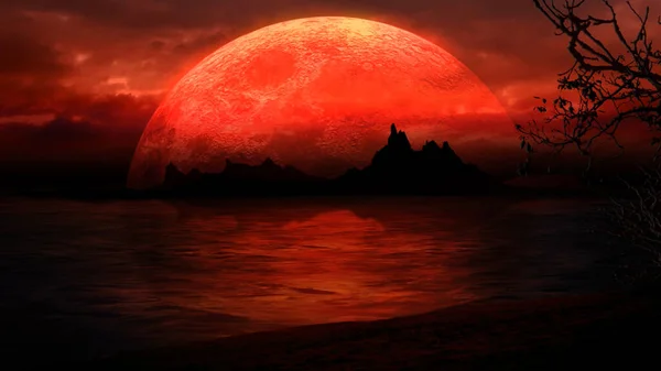 Beach Island Silhouette Red Large Moon Heeft Een Silhouet Van — Stockfoto
