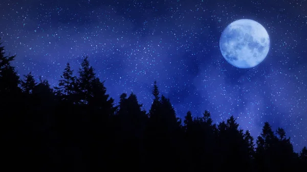 차가운 빛나는 보름달 소나무 빛나는 보름달에 측면의 실루엣 — 스톡 사진